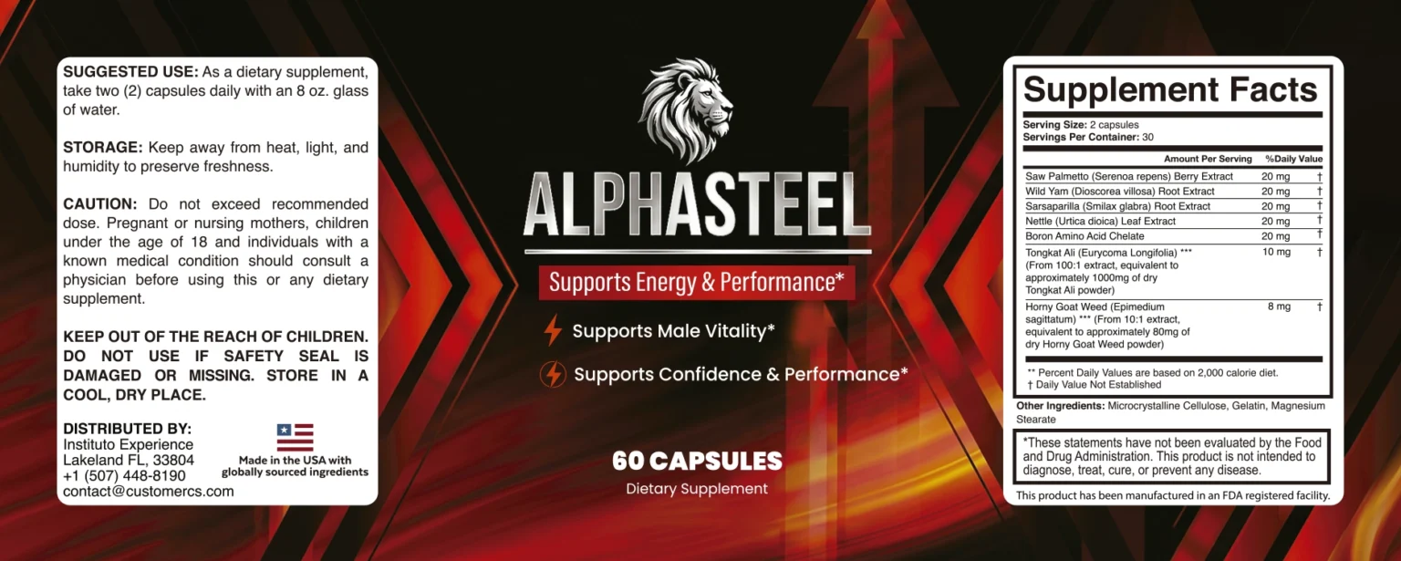 AlphaSteel supplement facts label showing full ingredient list – Muira Puama, Maca Root, Catuaba Bark, Ashwagandha, L-Arginine, Tribulus Terrestris dosages